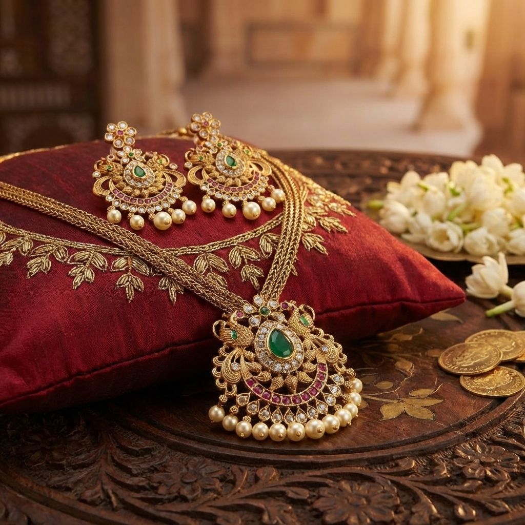 Traditional Temple Pendant Necklace Set – Antique Gold South Indian Jewelry with Earrings