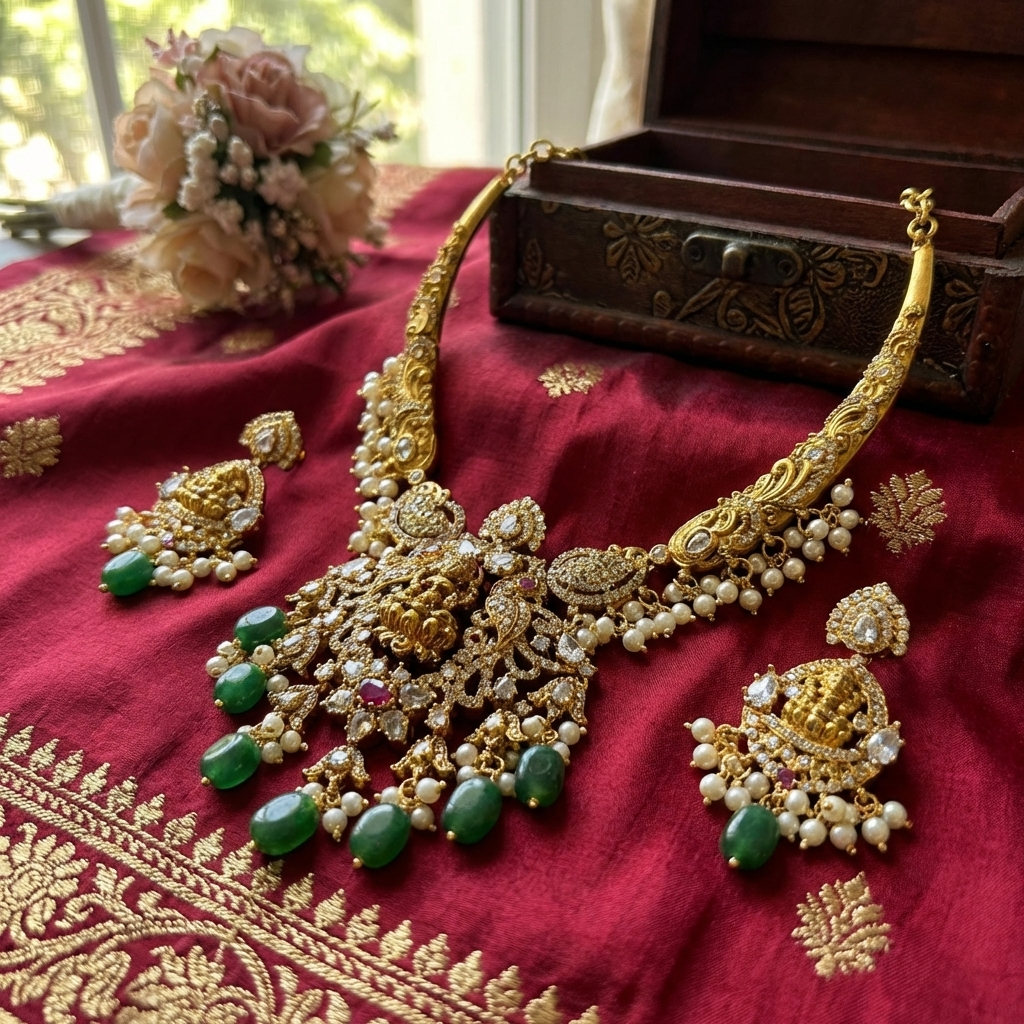 Victorian Mehndi Golden Necklace Set – Antique Bridal Jewelry for Weddings & Festive Wear