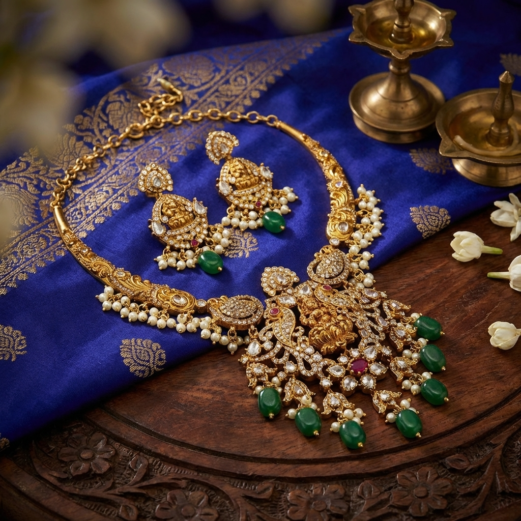 Victorian Mehndi Golden Necklace Set – Antique Bridal Jewelry for Weddings & Festive Wear