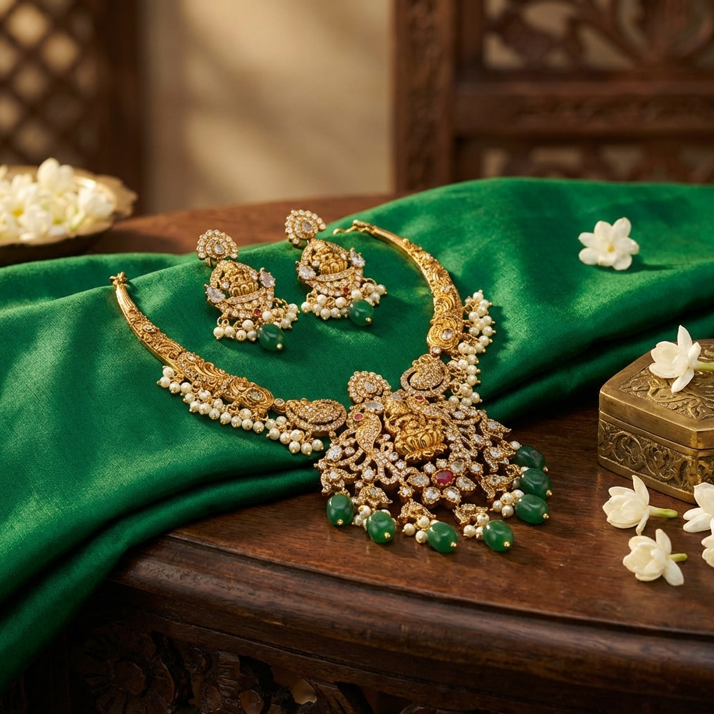 Victorian Mehndi Golden Necklace Set – Antique Bridal Jewelry for Weddings & Festive Wear