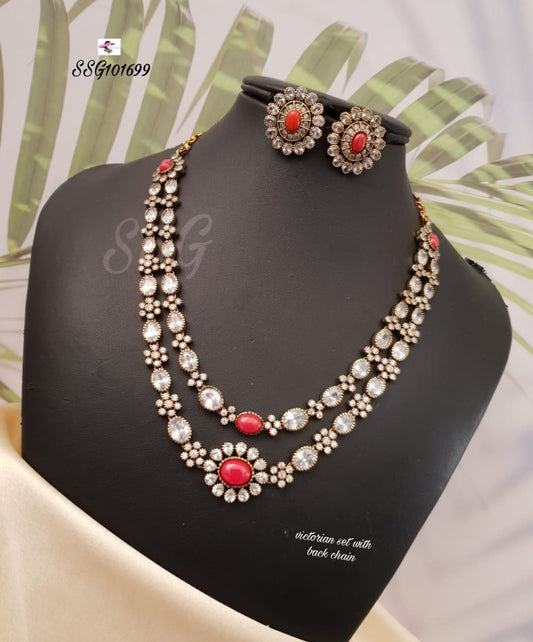 Double Layered Moissanite Look Coral Necklace Set - TheFindify