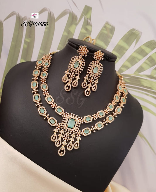 Double layered Diamond Finish Mint Stone Necklace Set - TheFindify