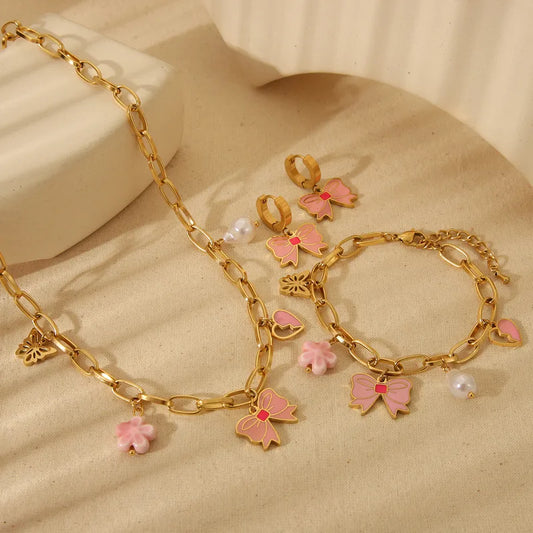 Romantic Pink Heart Bow, Flower Bracelet, Earrings and Necklace