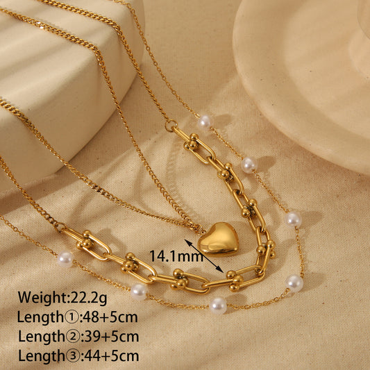 Vintage Style Geometric Heart-Shaped 304 Stainless Steel 18K Gold-Plated Three-Layer Necklace