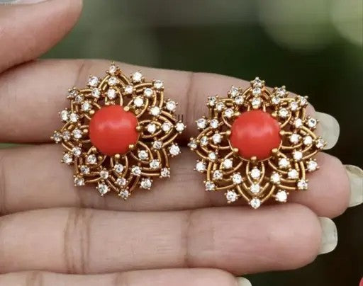 Coral Sunflower CZ Stone EarStuds - TheFindify