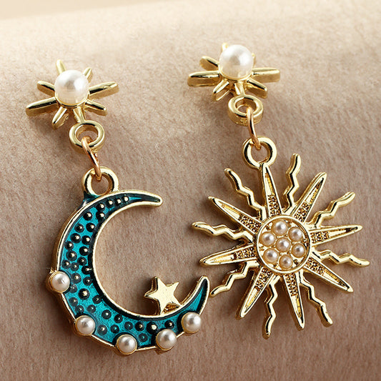 Fashion Alloy Inlaid Pearl Asymmetric Sun & Moon Earrings - TheFindify