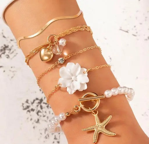 Gold-Toned Gold Plated Set of 5 Contemporary Stackable Korean Bracelet Set - TheFindify