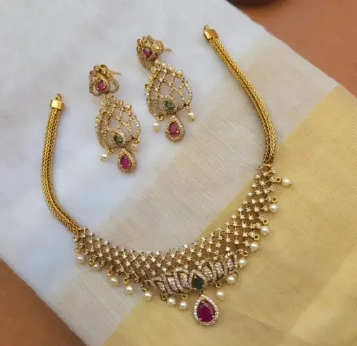 Lotus Design CZ Stone Necklace With Earrings - TheFindify