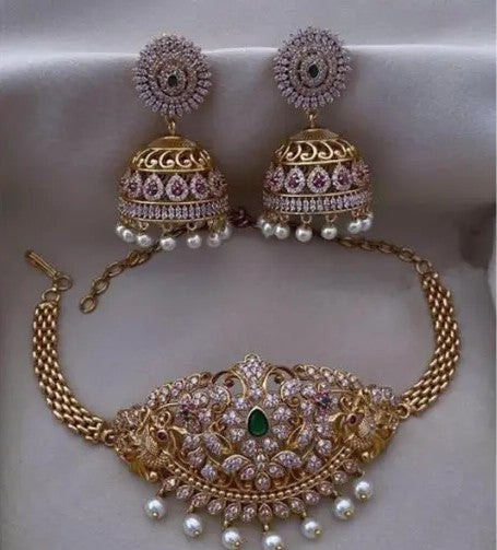 Classic Choker Necklace with Traditional Jhumka Earrings - TheFindify