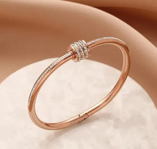 Stainless Steel Rose Gold Plated American Diamond Studded Bangle Style Bracelet - TheFindify