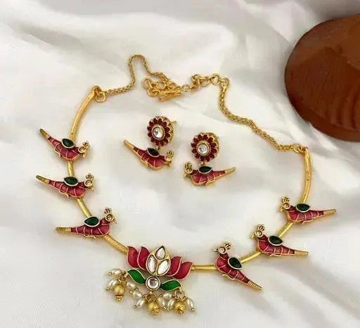 Lotus & Parrot Necklace With Earrings - TheFindify