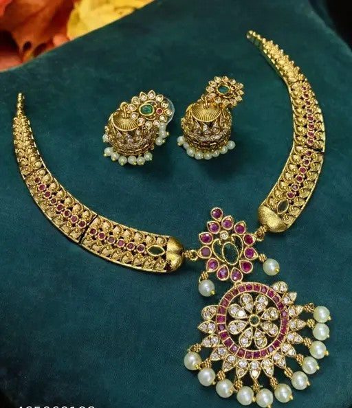 Matte Finish Jadau Kundan Kada Necklace With Earrings - TheFindify