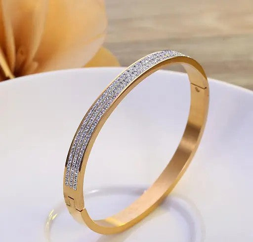 Gold Plated Triple Lines American Diamond Studded Contemporary Bracelet - TheFindify