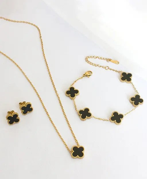 Gold Plated Set Of Three Anti Tarnish Black Clover Jewelry Set - TheFindify