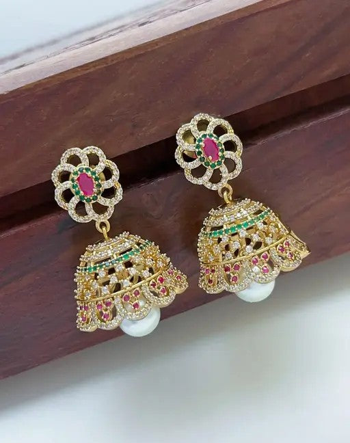 Pearl Drop Pink Stone Jumkas - TheFindify