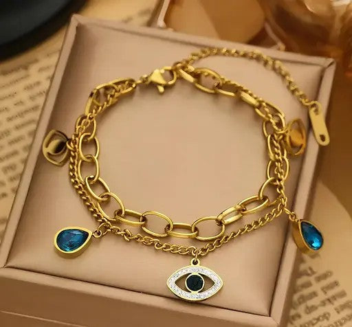 Anti Tarnish Double Layer Evil Eye Gold Plated Stainless-Steel Bracelet - TheFindify