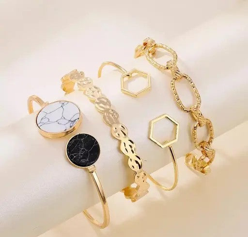 Gold Plated Geometric Set of 4 Stackable Korean Bracelet Set - TheFindify