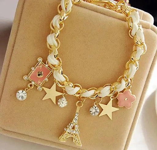 Gold Plated White and Pink Eiffel theme Charm Bracelet - TheFindify
