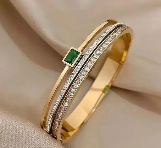 WaterProof 18K Gold-Plated Demi-Fine Green Stone & White Cubic Zirconia Studded Anti Tarnish Bracelet - TheFindify
