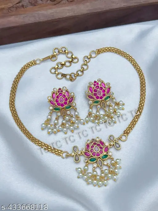 Pink Lotus Design Necklace With Earrings - TheFindify