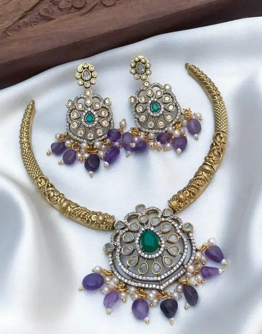 Purple Kada Beads Necklace With Earrings - TheFindify