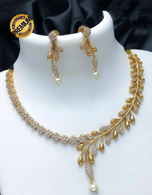 Golden Leaf Pearl Drop Necklace Set