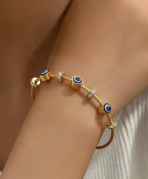 Gold-Plated American Diamond Evil Eye Bangle-Style Bracelet - TheFindify